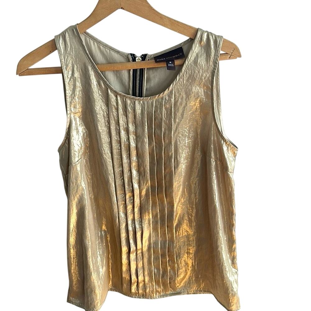 Dana Bachman Gold Metallic Shimmer Pleated Sleeveless Top Medium